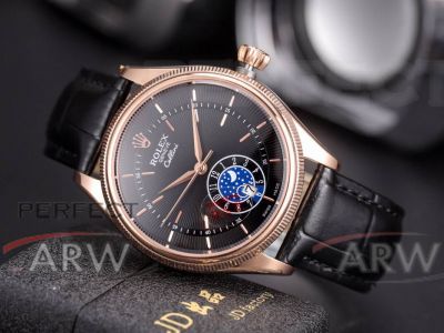 Perfect Replica Rolex Cellini Black Guilloche Face Rose Gold Bezel 40mm Watch